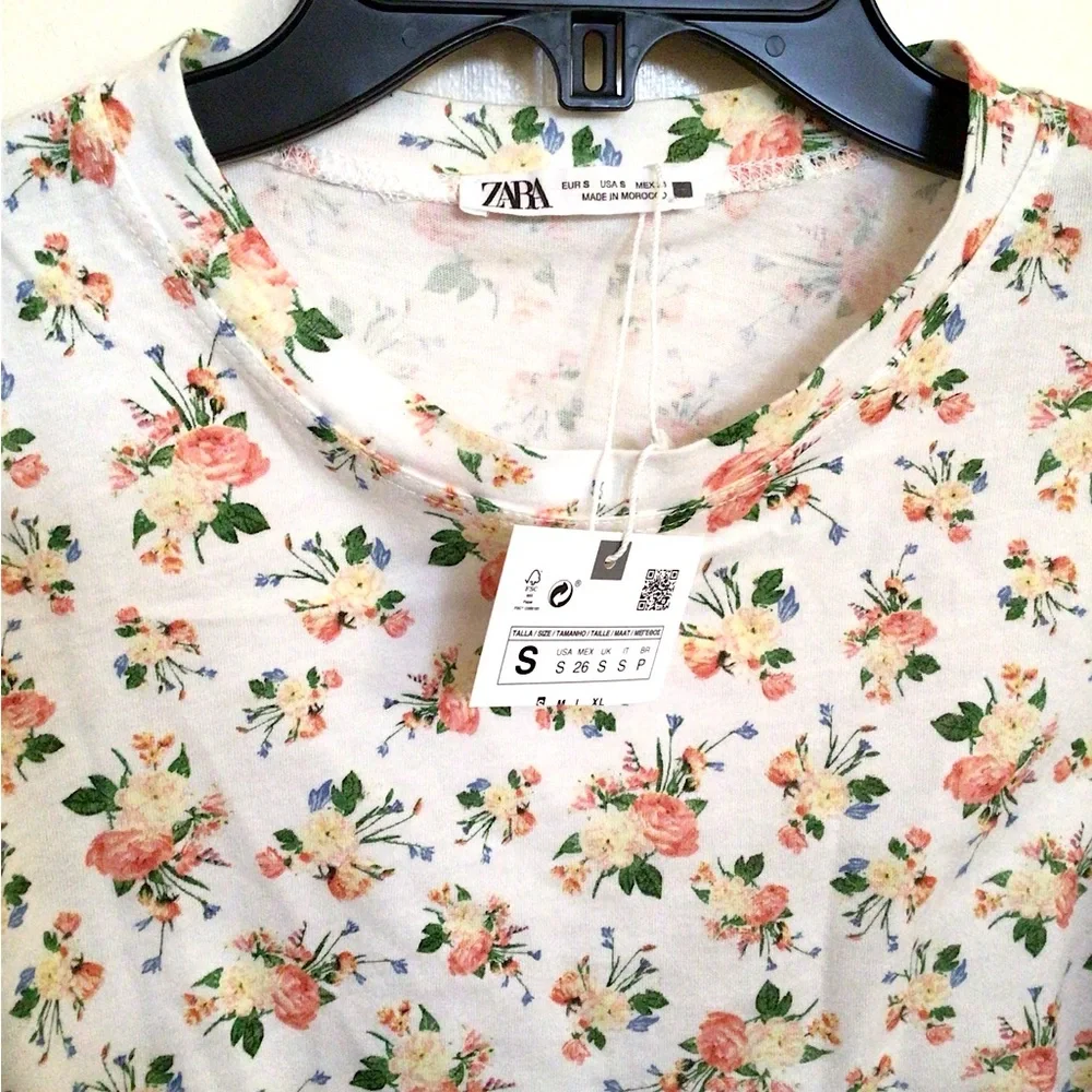Zara Floral Puff Sleeve T-Shirt